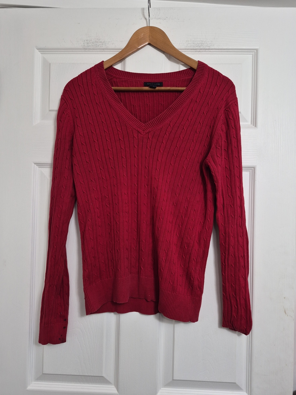 Tommy Hilfiger Cable Knit V-Neck Sweater Red Medium